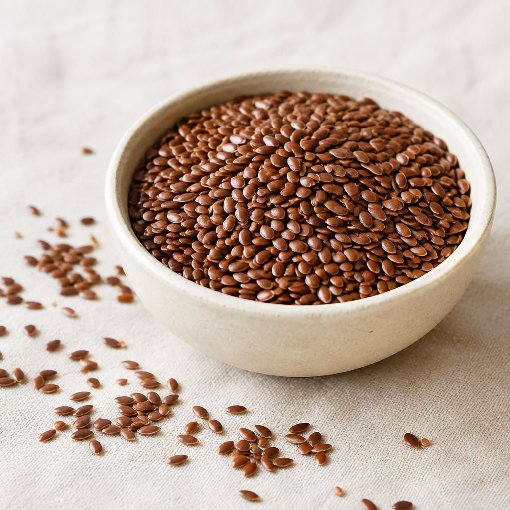 Brown flax seeds in a ceramic bowl