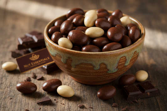 Chocolate covered almonds in ceramic bowl - Nut Essentials lifestyle