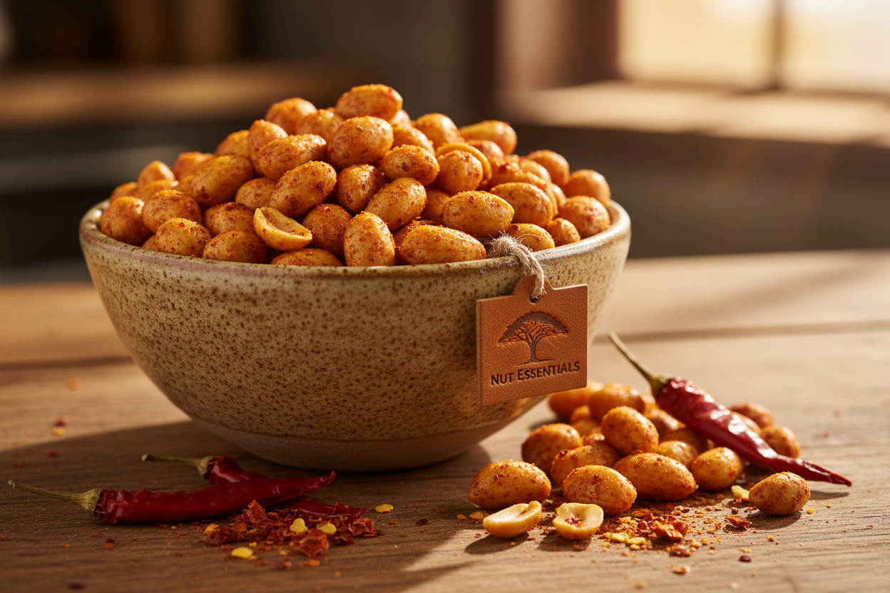 Peri peri peanuts in ceramic bowl - Nut Essentials lifestyle