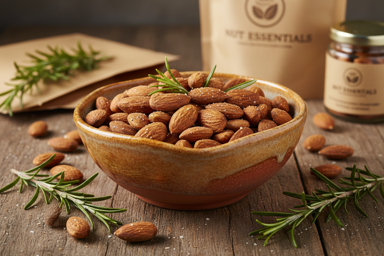 Rosemary sea salt almonds in ceramic bowl - Nut Essentials lifestyle