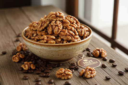 Coffee glazed walnuts in ceramic bowl - Nut Essentials lifestyle
