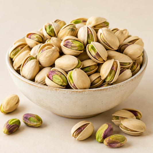 In-shell pistachios in a bowl on a light background