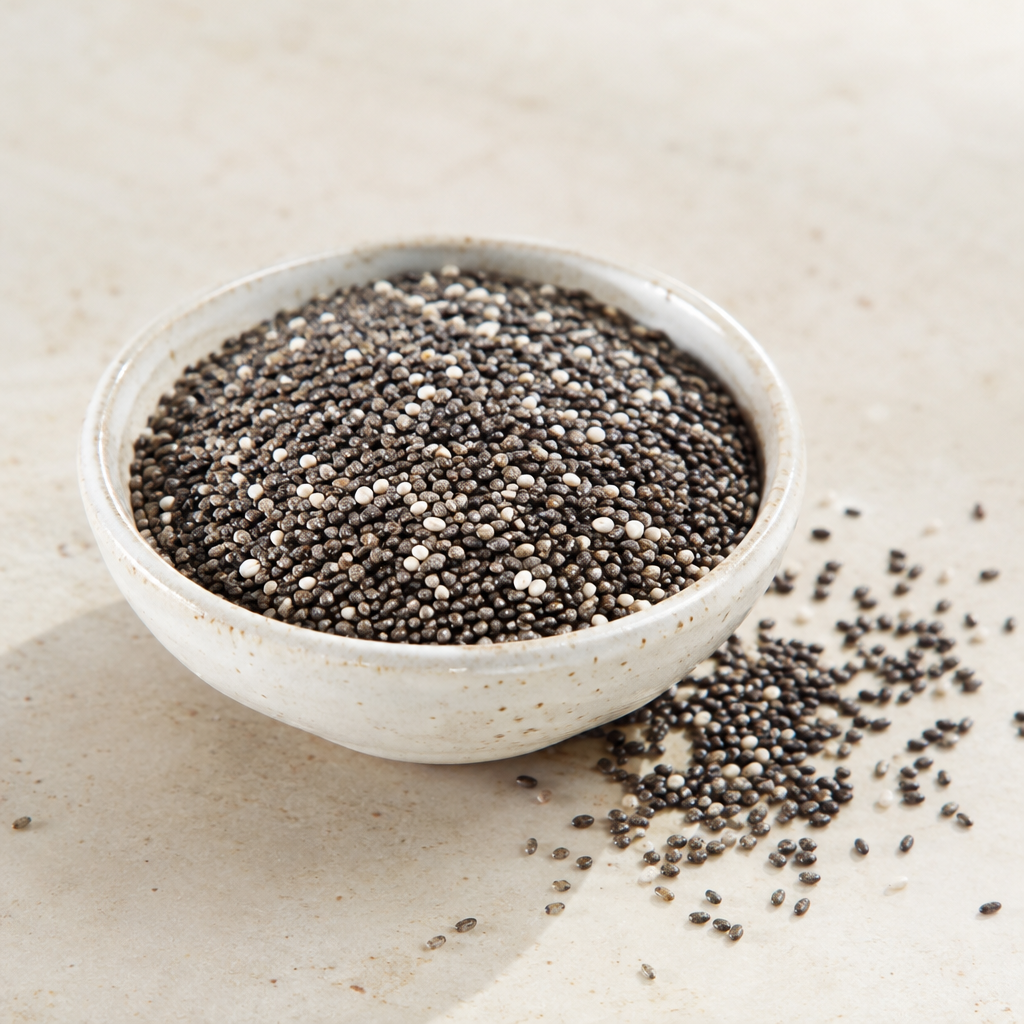 AI-generated chia seeds in a ceramic bowl