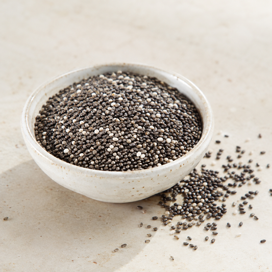 AI-generated chia seeds in a ceramic bowl