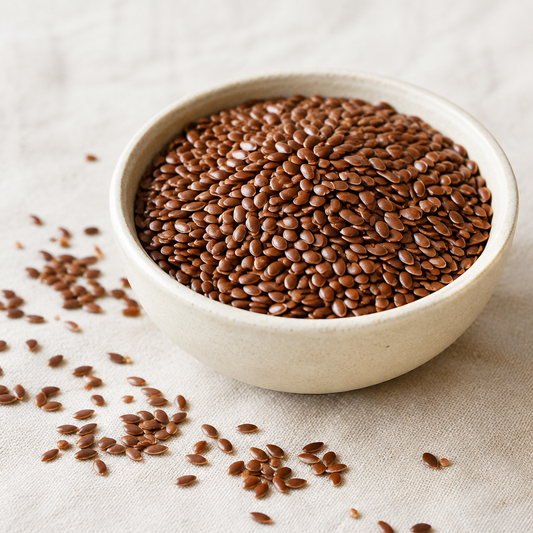 Brown flax seeds in a ceramic bowl