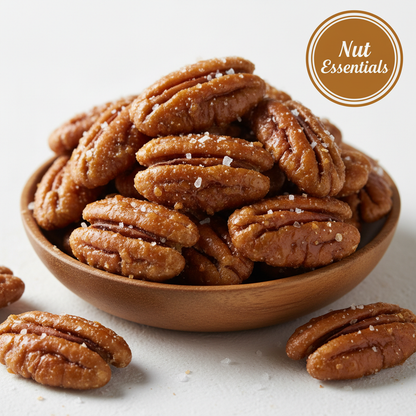 Premium salted caramel pecans with glossy caramel coating - Nut Essentials