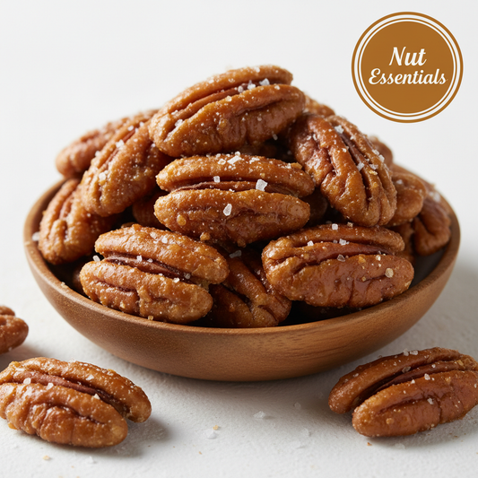 Premium salted caramel pecans with glossy caramel coating - Nut Essentials