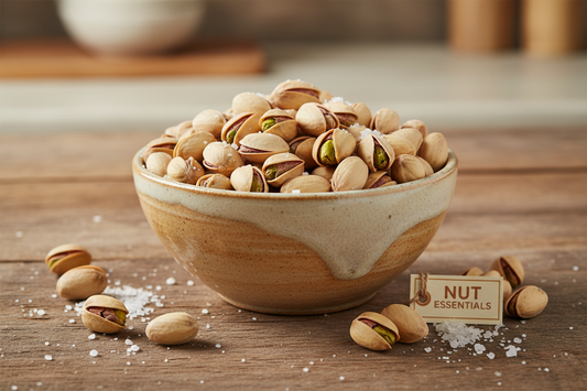 Sea salt roasted pistachios in ceramic bowl - Nut Essentials lifestyle