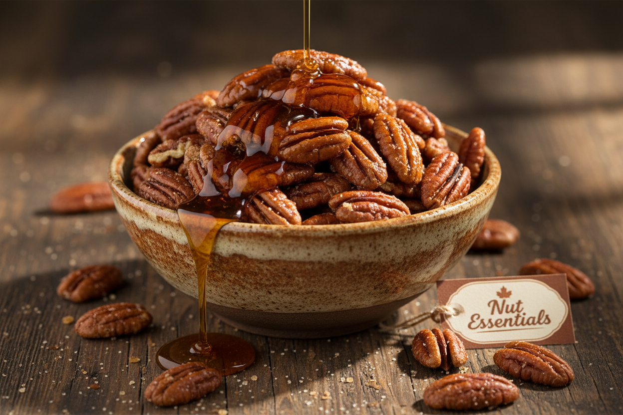 Maple glazed pecans in ceramic bowl - Nut Essentials lifestyle