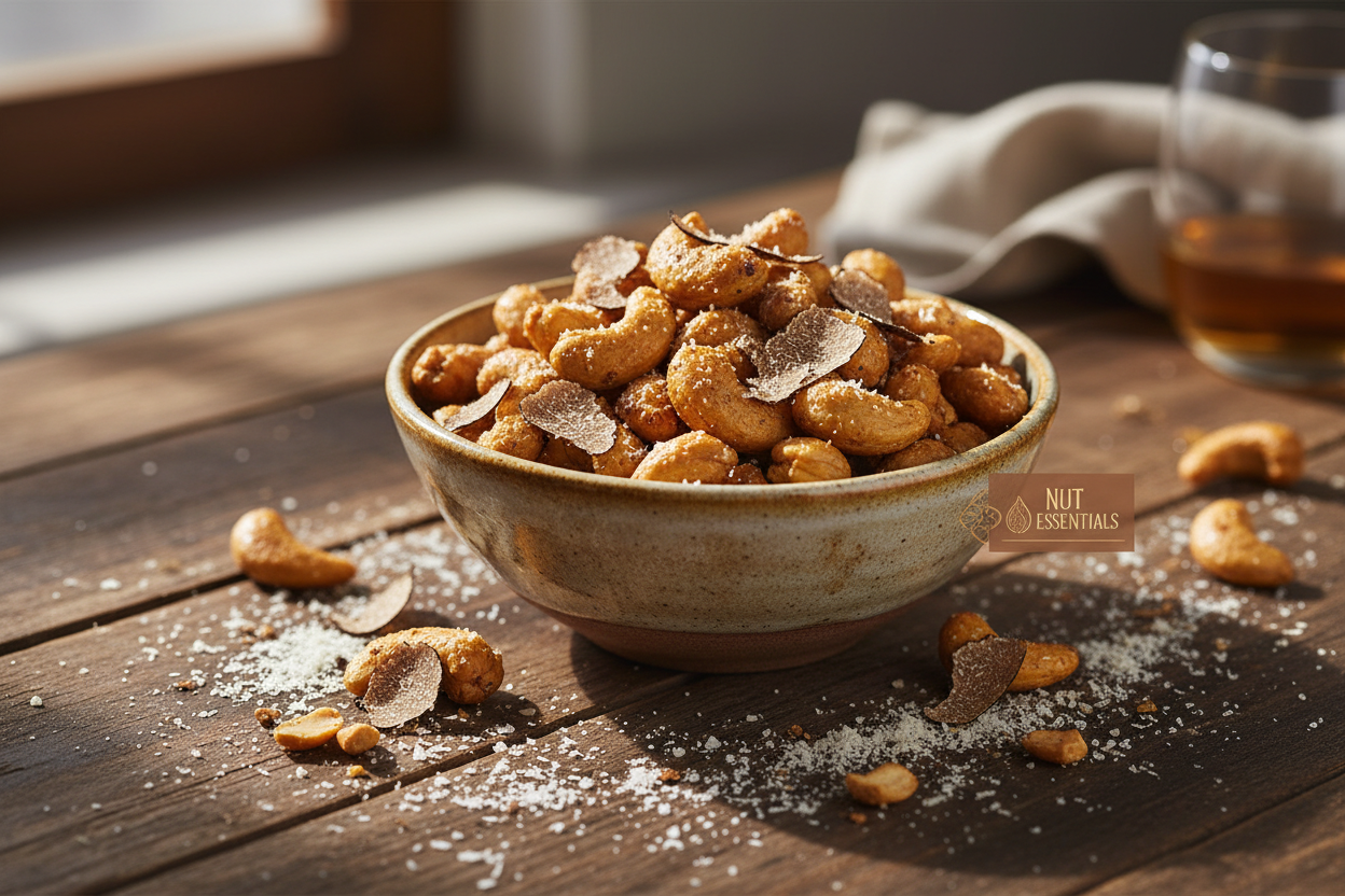 Truffle parmesan cashews in ceramic bowl - Nut Essentials lifestyle