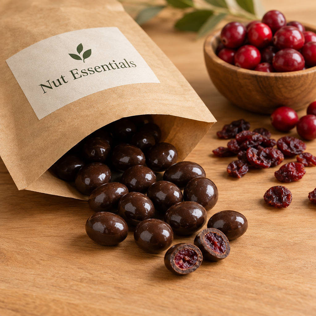 Chocolate coated cranberries spilling from a Nut Essentials kraft pouch onto a wooden surface