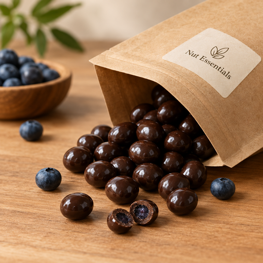 Chocolate coated blueberries spilling from a Nut Essentials kraft pouch onto a wooden surface