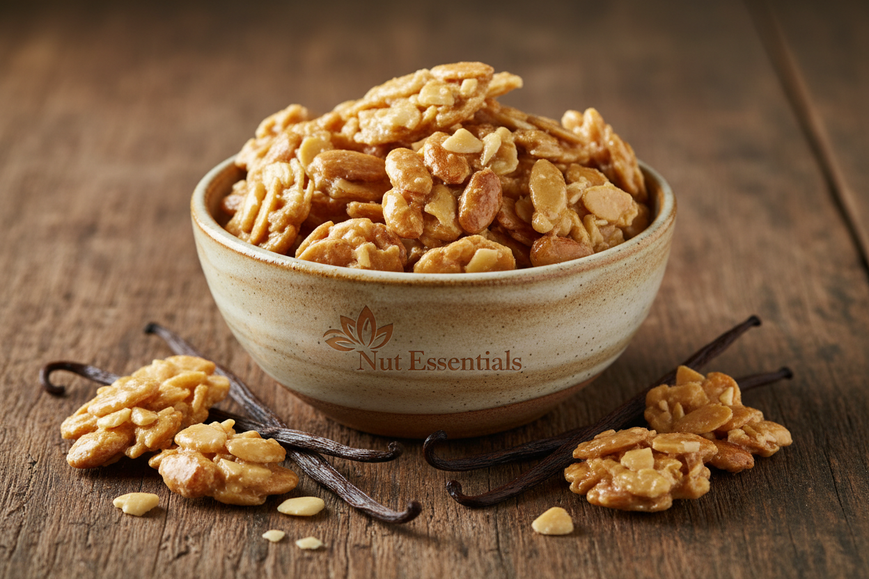 Vanilla almond clusters in ceramic bowl - Nut Essentials lifestyle
