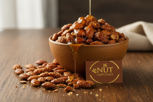 Honey roasted almonds in ceramic bowl - Nut Essentials lifestyle