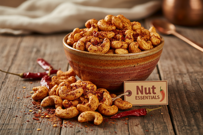 Spicy chili cashews in ceramic bowl - Nut Essentials lifestyle