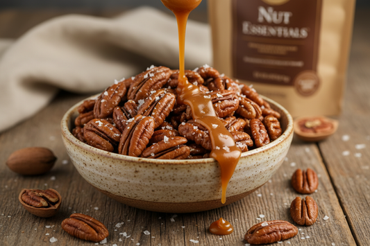 Salted caramel pecans in ceramic bowl - Nut Essentials lifestyle