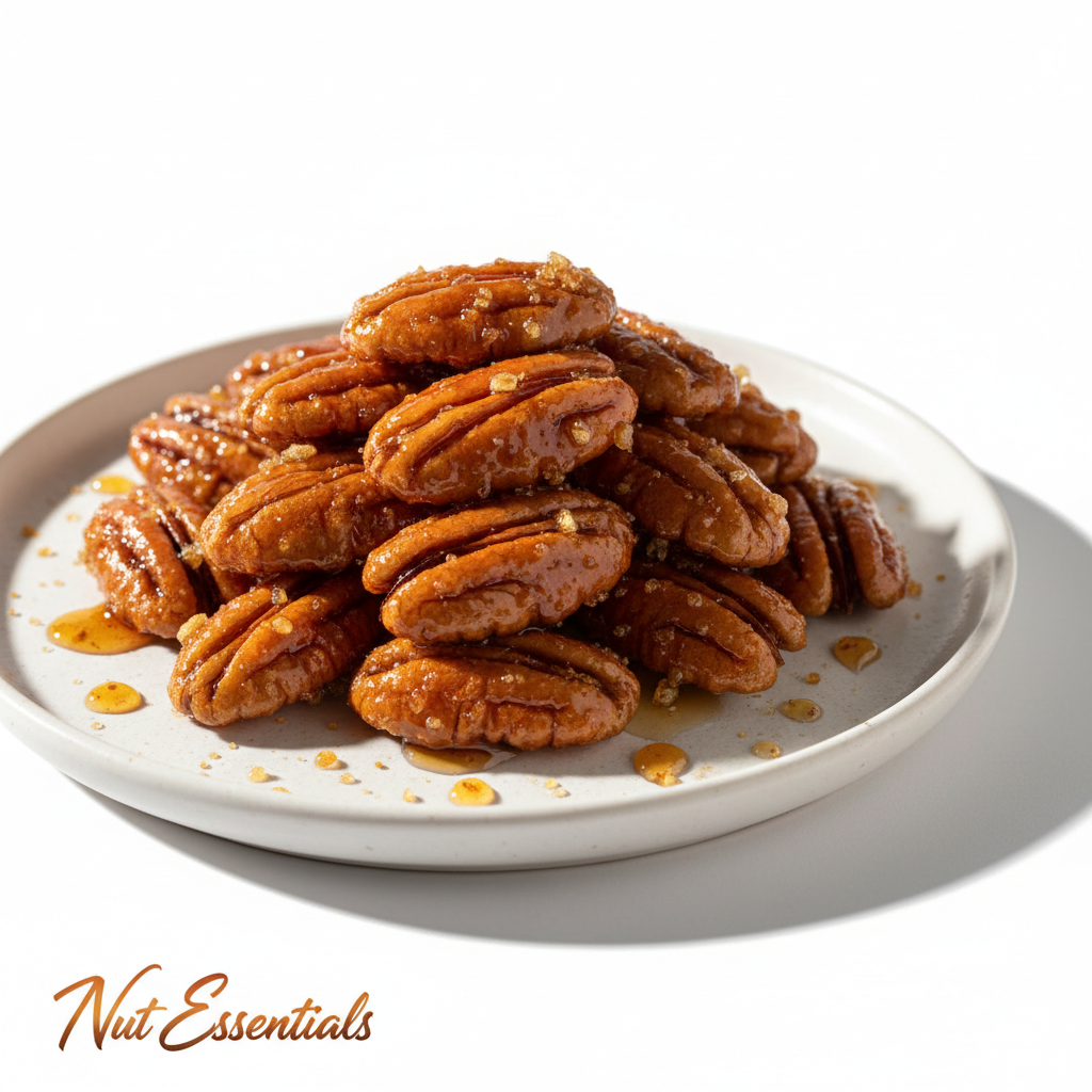 Premium maple glazed pecans with amber maple coating - Nut Essentials