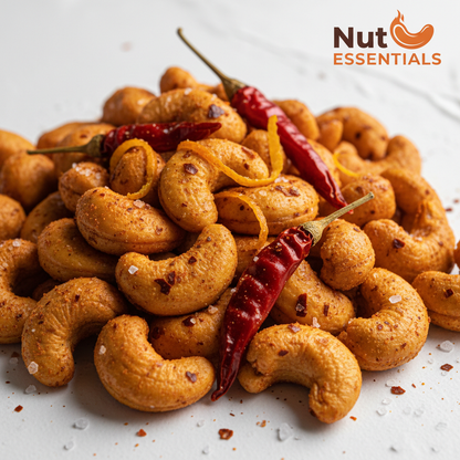 Premium spicy chili cashews with red chili coating - Nut Essentials