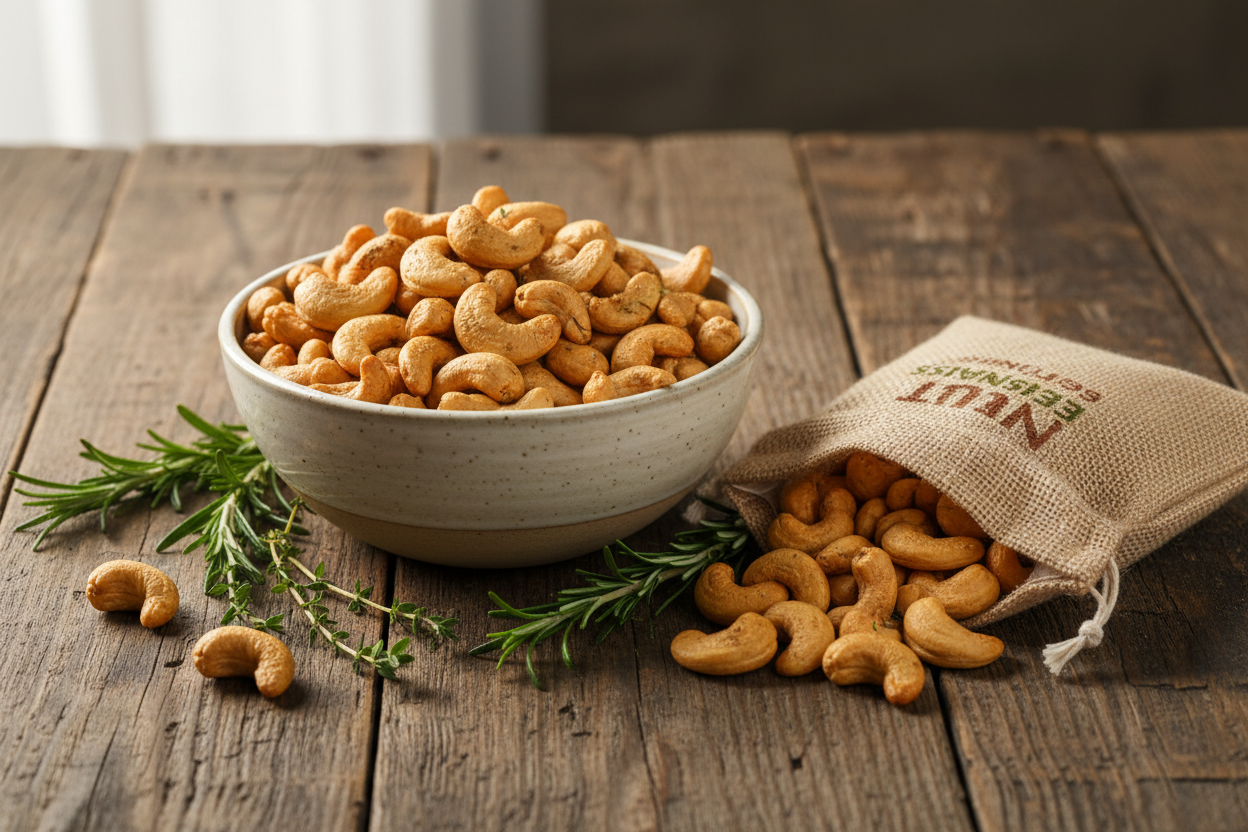 Garlic herb cashews in ceramic bowl - Nut Essentials lifestyle