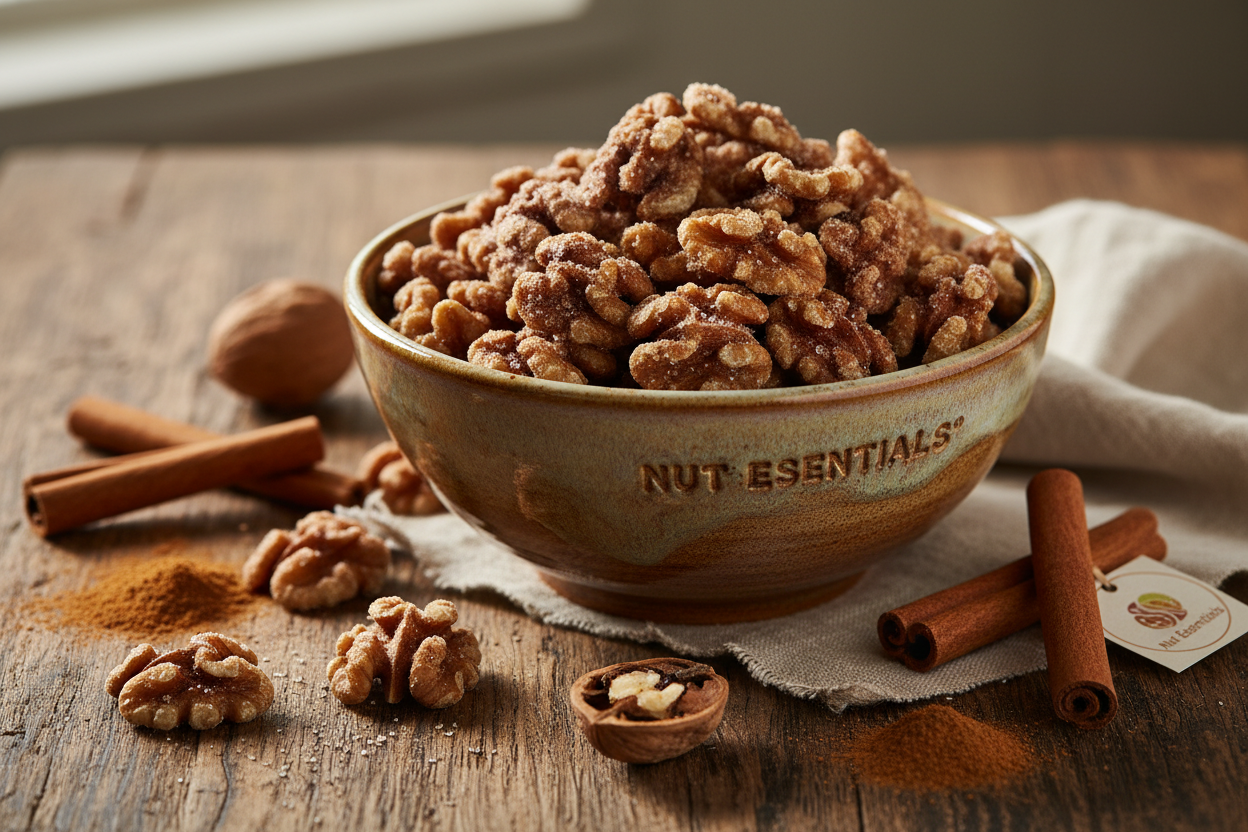Cinnamon sugar walnuts in ceramic bowl - Nut Essentials lifestyle