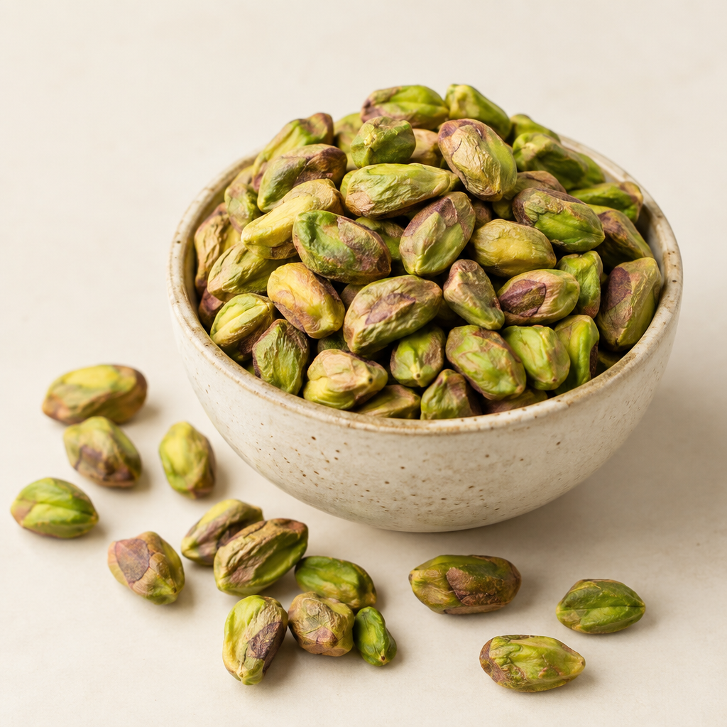 Shell-free pistachio kernels in a bowl